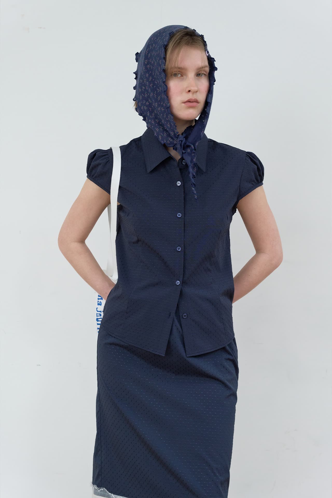 DOT CAP SLEEVE SHIRT_NAVY