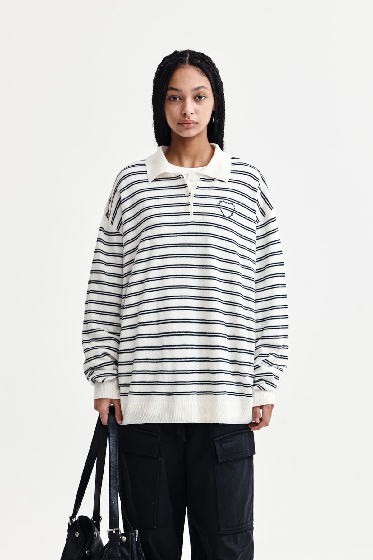 HEART LOGO COLLAR STRIPED PULLOVER IN IVORY