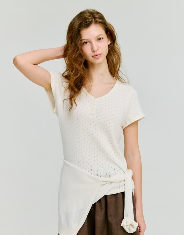 eyelet v-neck cap sleeve t-shirt - ivory