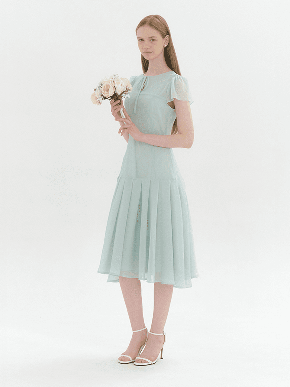 Chiffon Ruffle Pleated Long Dress / Mint(3color)