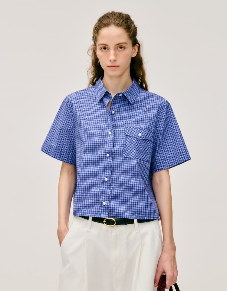 cotton half sleeve check shirts - blue