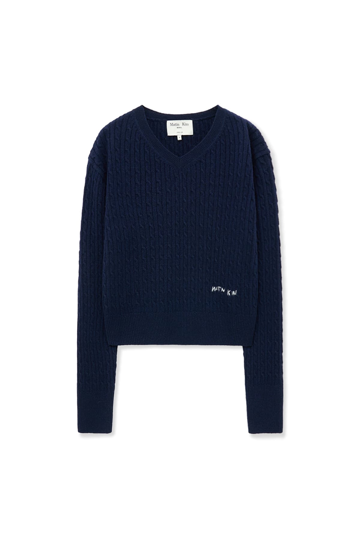 SHINY CABLE PULLOVER IN NAVY