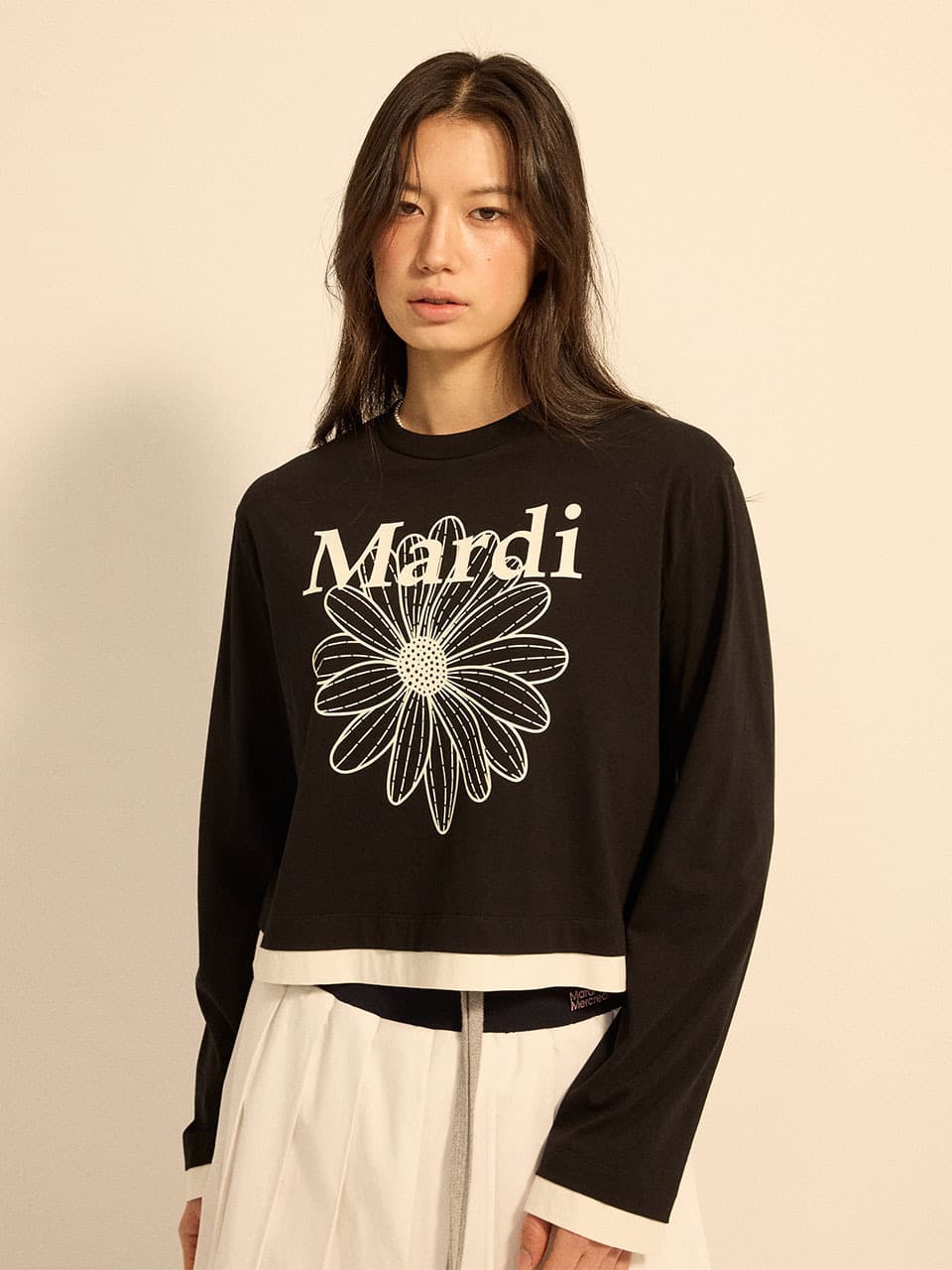 TSHIRT LONG SLEEVE FLOWERMARDI LAYERED DETAIL_BLACK IVORY