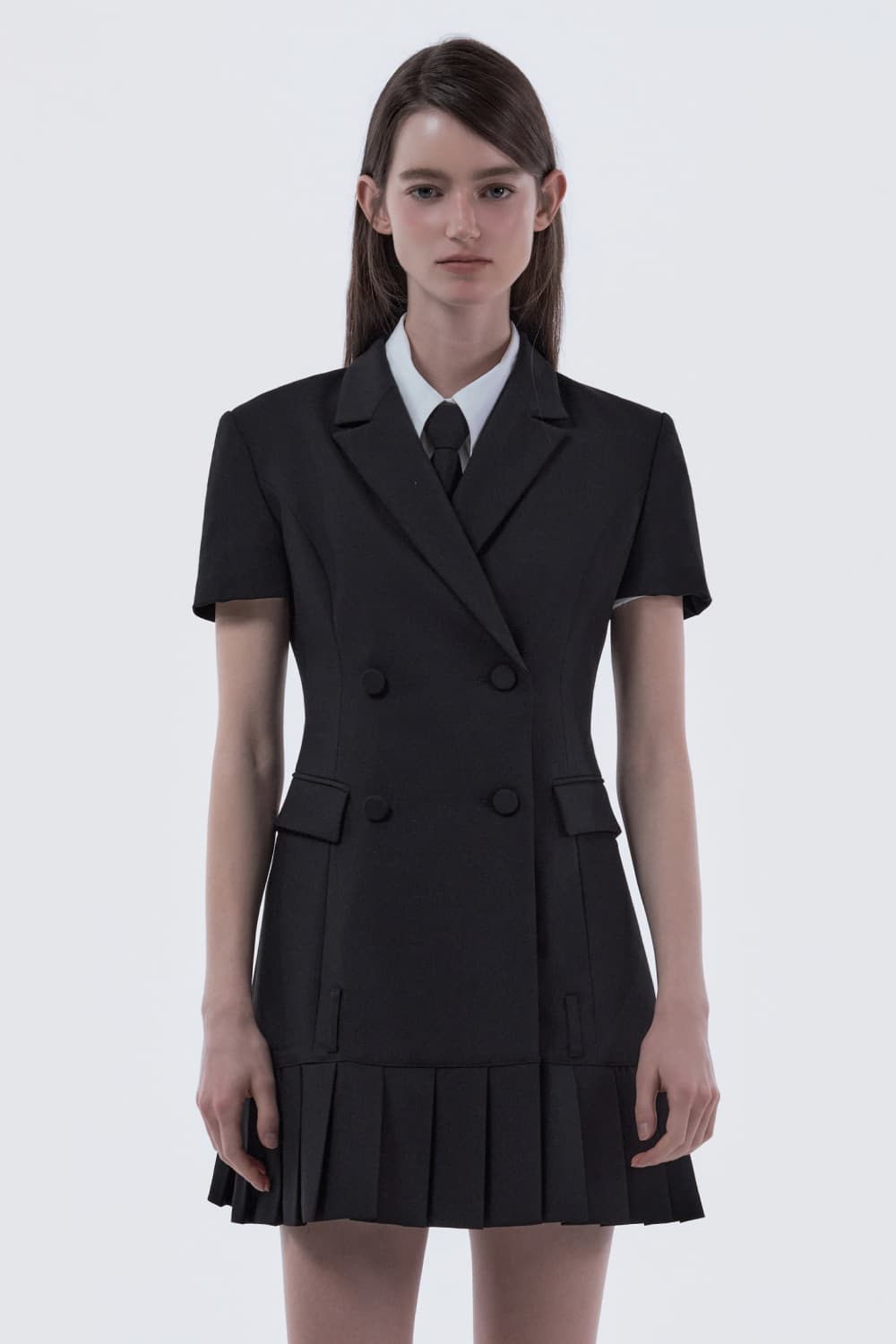 Jenn Pleated Half-Sleeve Suit Jacket Dress - Black