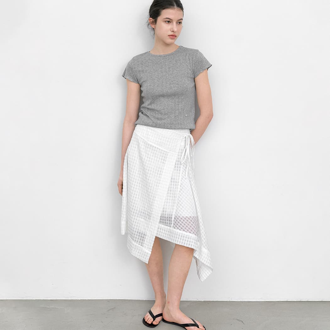 (SK-5075)EMBO CHECK UNBALANCE WRAP SKIRT