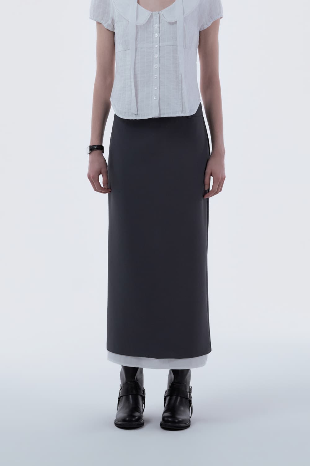 Contrast Layered Slim Line Long Skirt - Blue Grey
