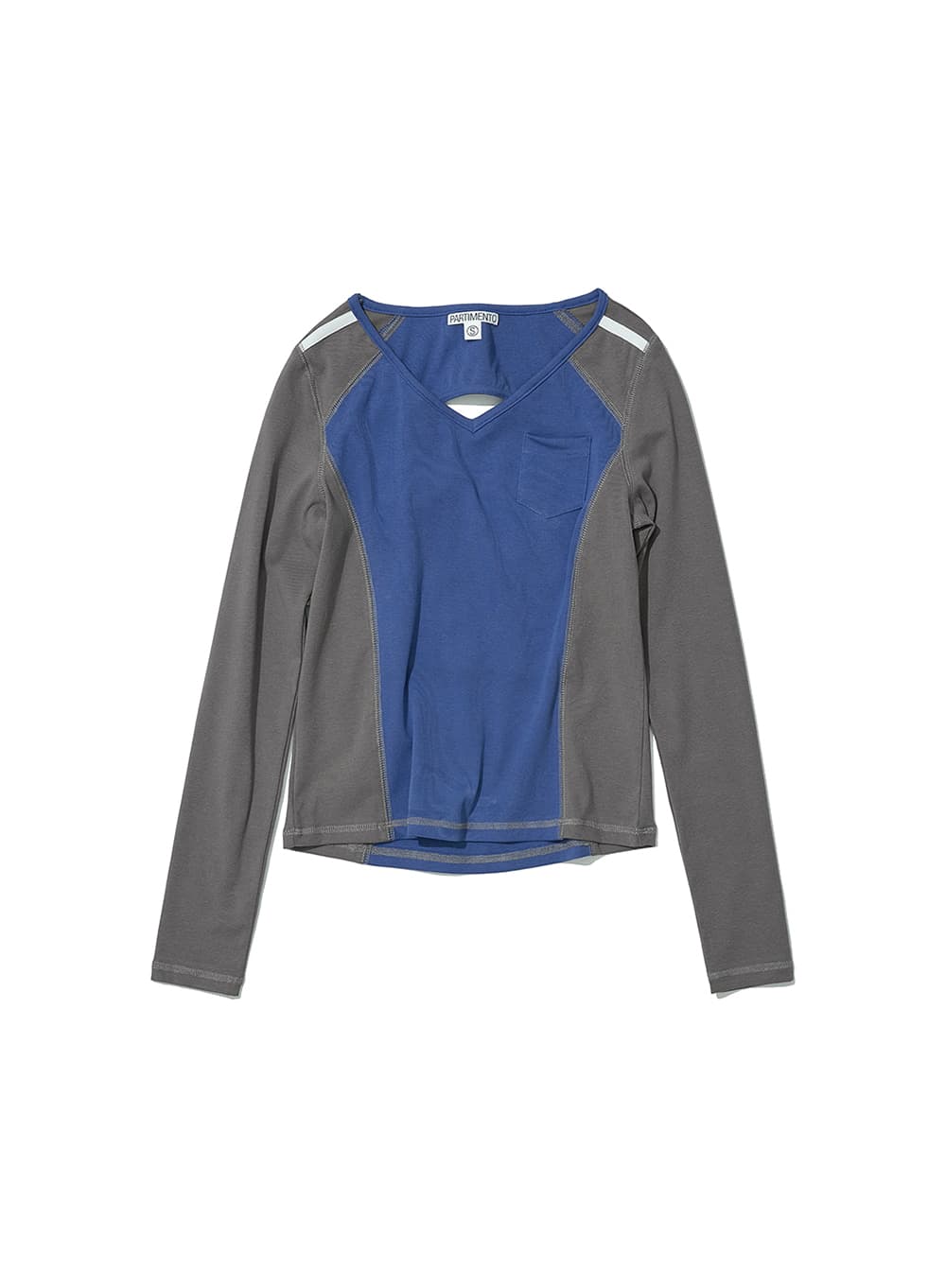 CUT OUT V-NECK COLORBLOCK LONG SLEEVE TEE_BLUE