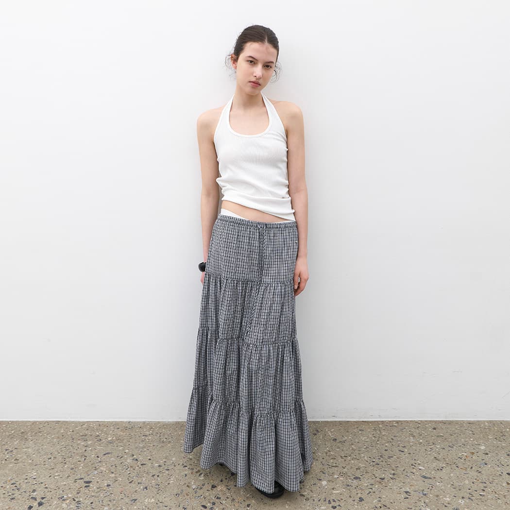 (SK-5098)CHECK TIERED FULL LENGTH SKIRT