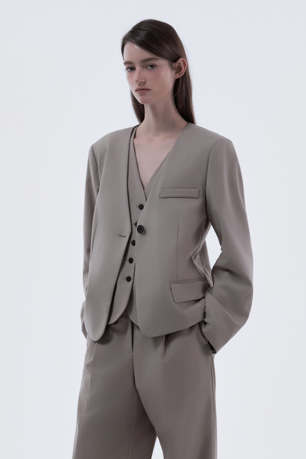 Lydia Collarless Suit Jacket - Beige