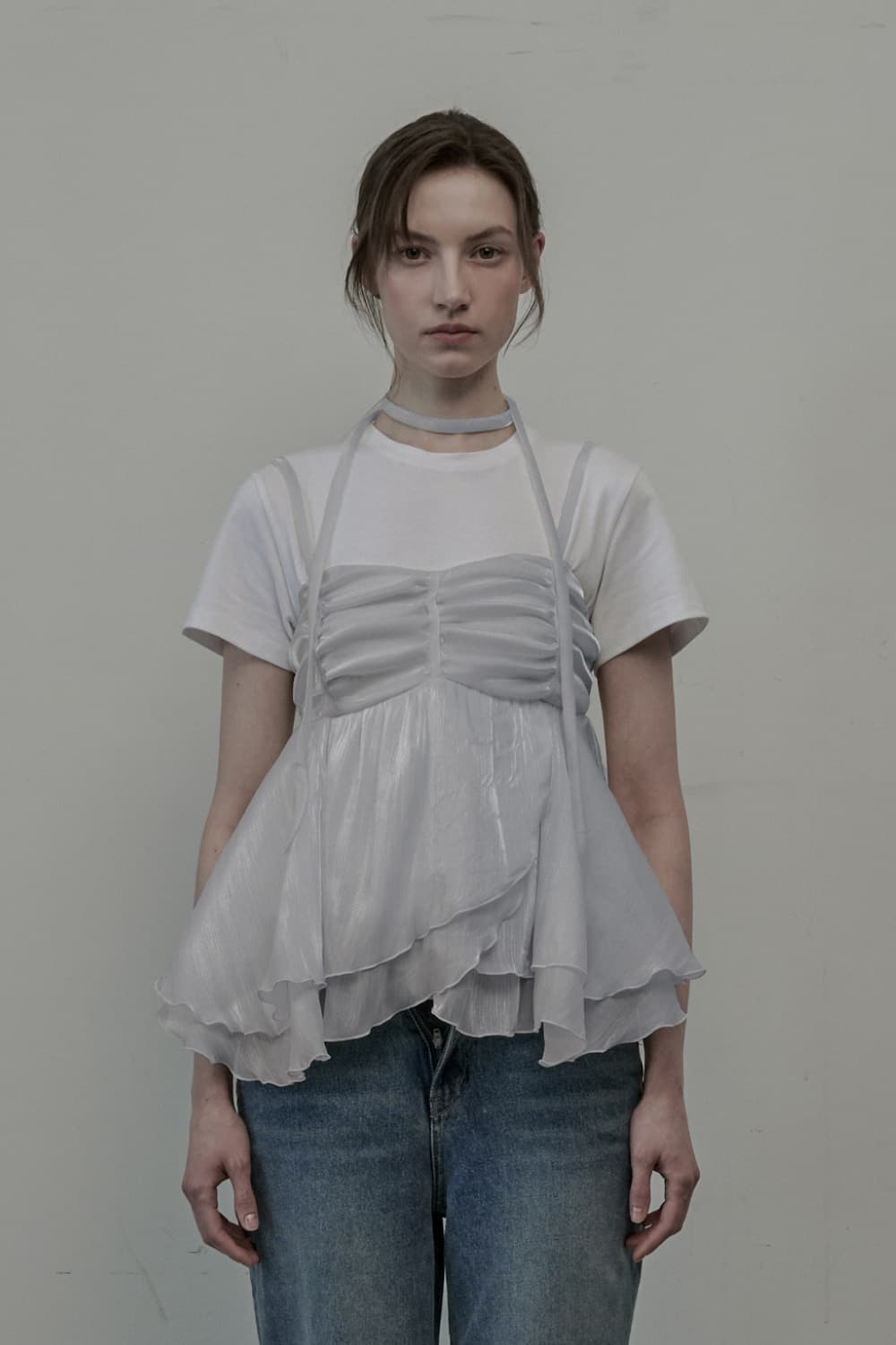 Dew Crape Muffler Sleeveless Top - Grey