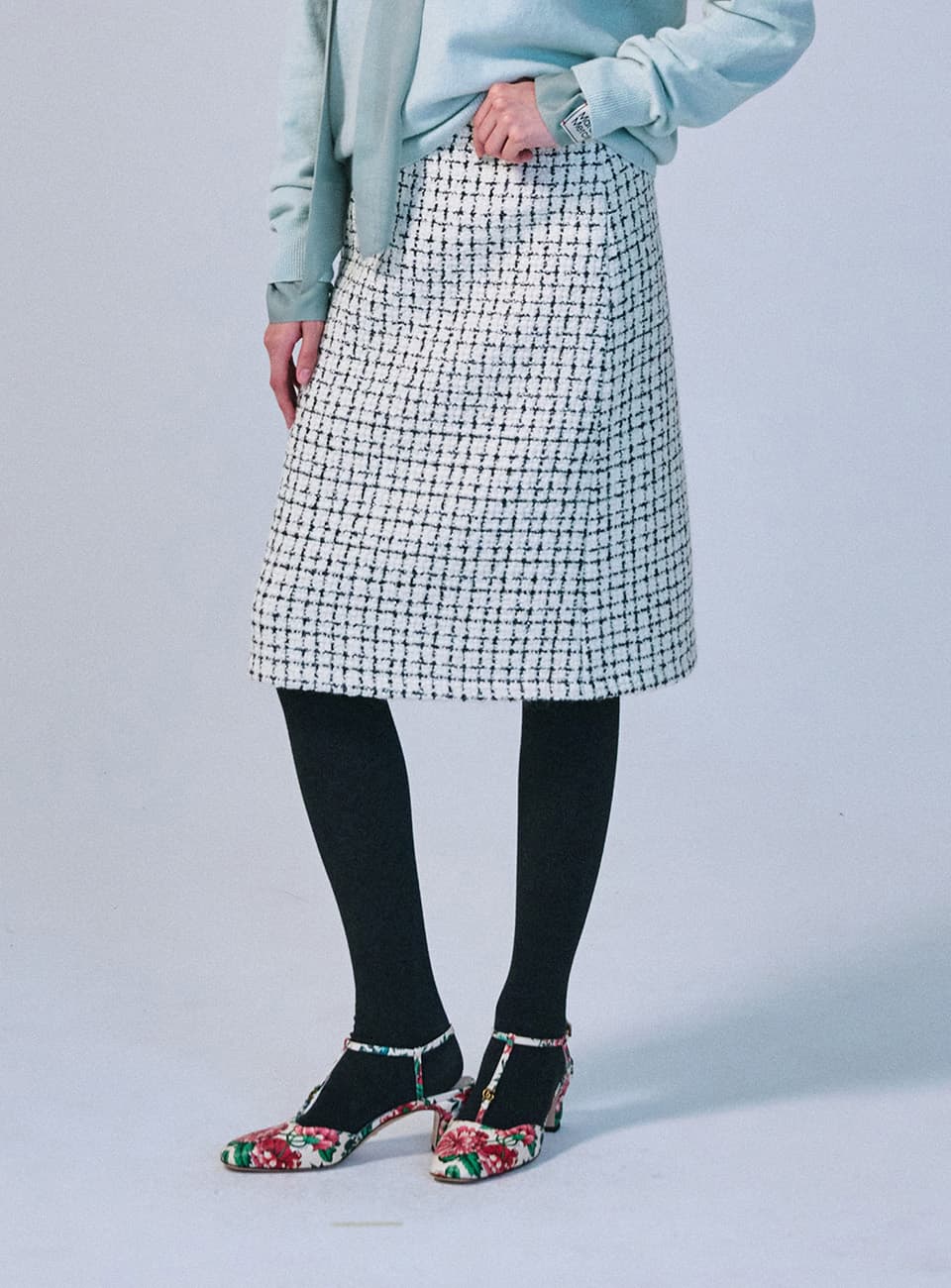 WOOL MIDI SKIRT CHECK_WHITE