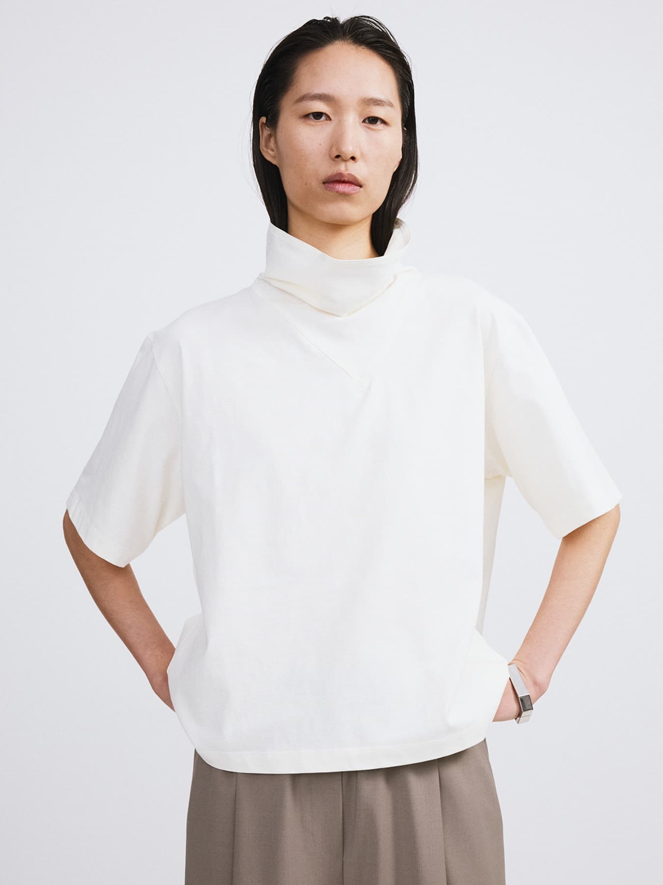 SCARF NECK COTTON TOP (BEAN IVORY)