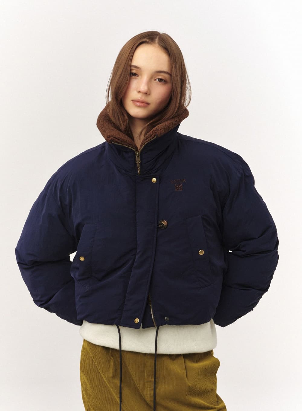 (W) Wide Collar Crop Padding Jacket - Navy