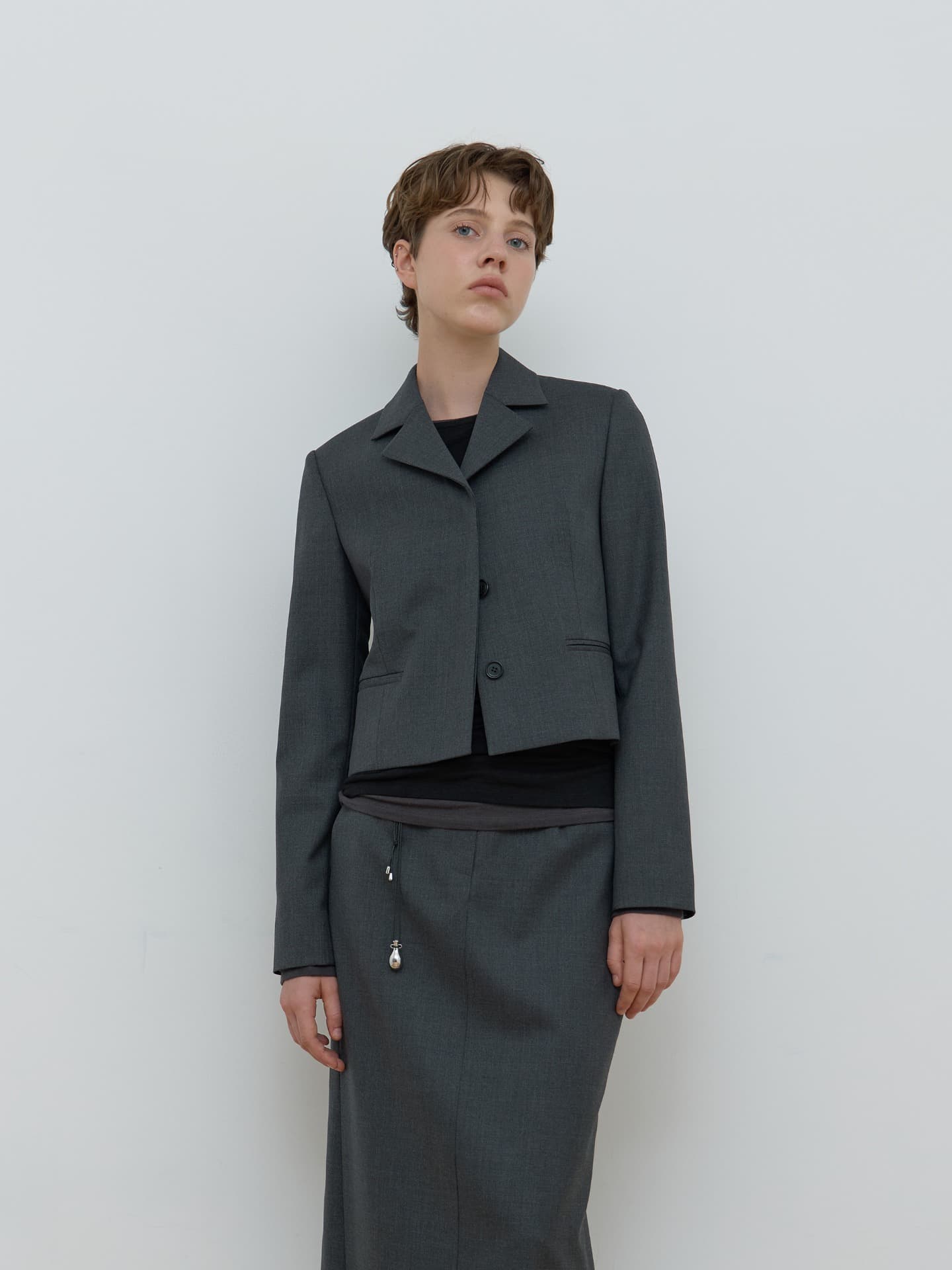 SINGLE HIDDEN CROP JACKET_MELANGE GREY