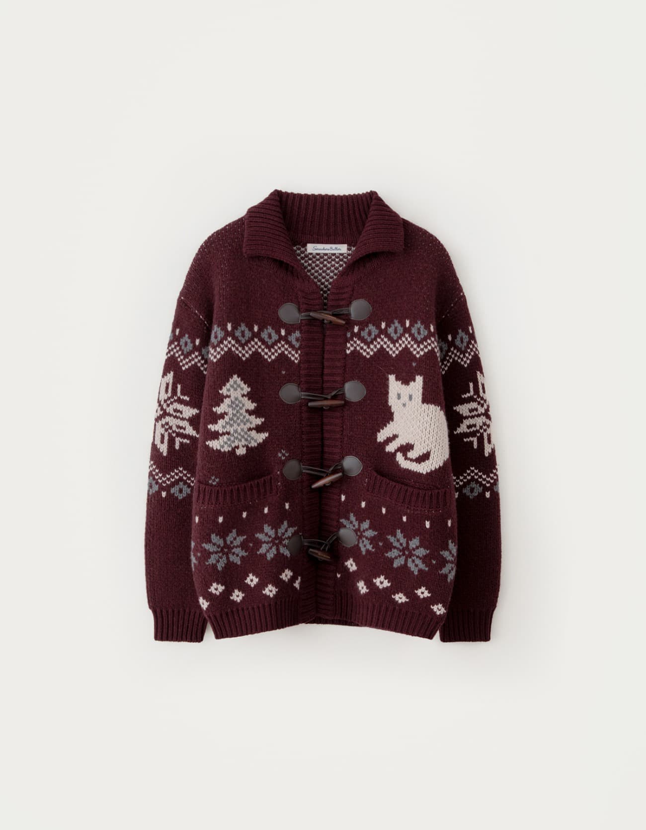 Tree Cat Wool Cowichan Cardigan - Burgundy