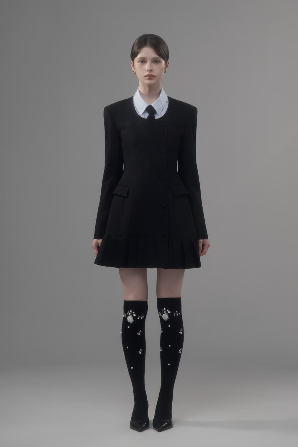 Jenn Round Neck Pleated Suit Jacket Dress - Black