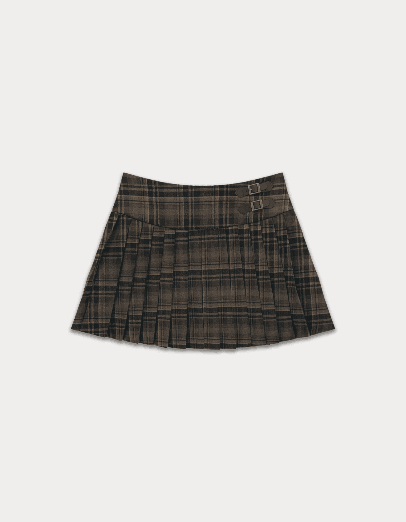 Buckle Check Pleats Mini Skirt - Brown