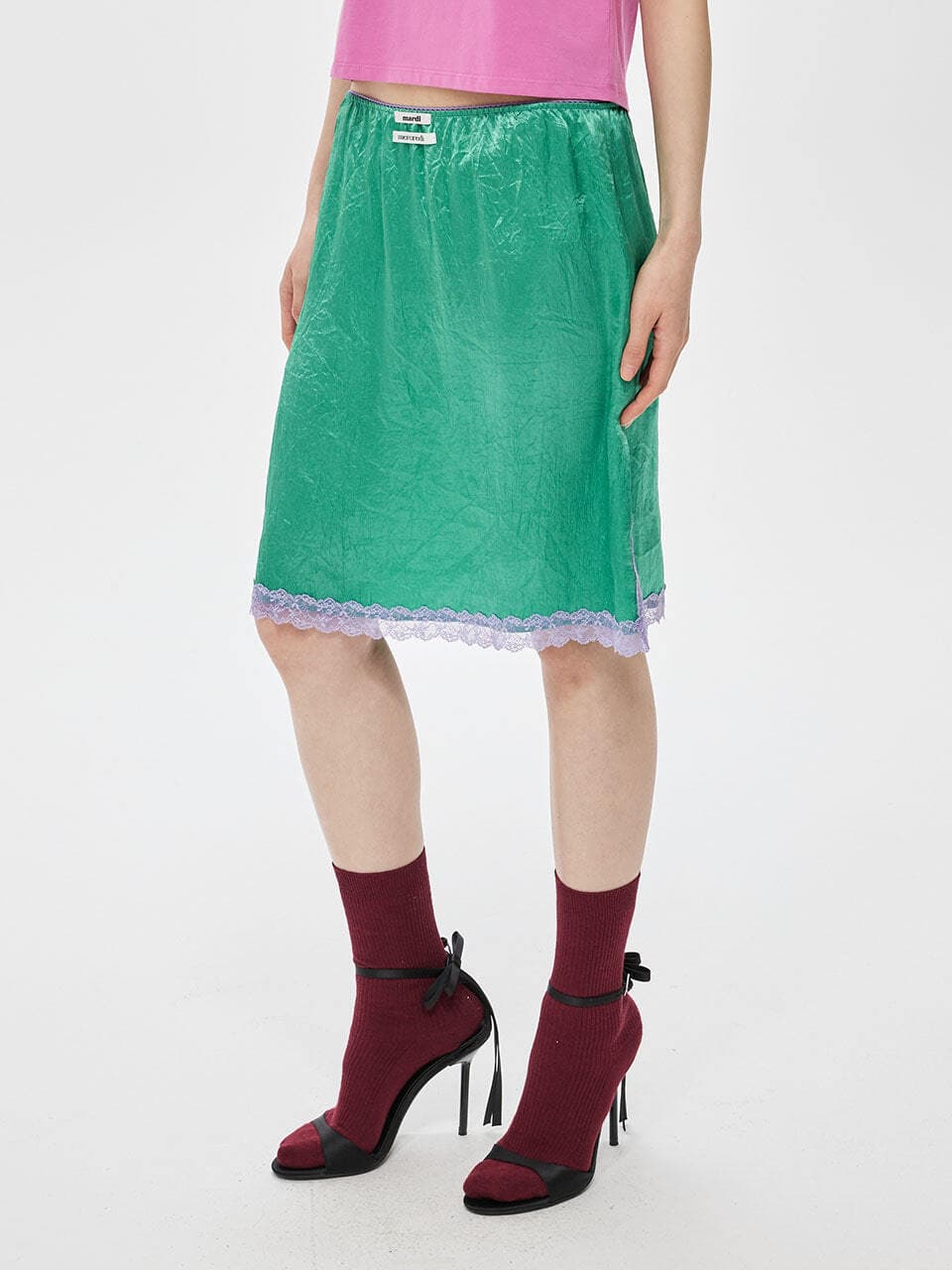 SATIN MIDI SKIRT DOUBLE LABEL LACE_GREEN