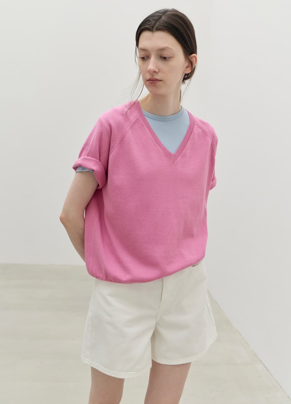 Fresh Cotton V-Neck Knit - BubbleGum Pink
