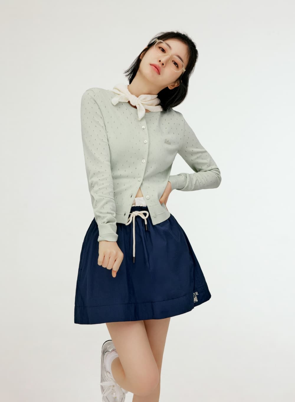 (W) Logo String Nylon Flare Skirt - Navy