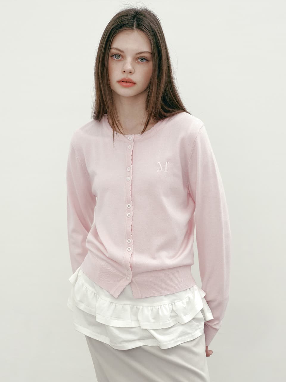 LOGO SCALLOP CARDIGAN (LIGHT PINK)