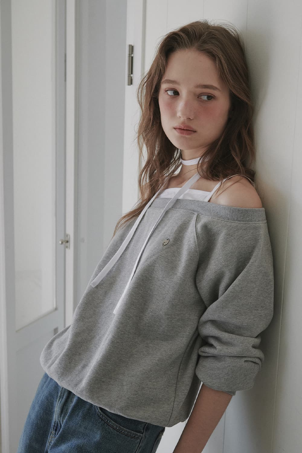Rhea String Off Shoulder Sweatshirt - Grey