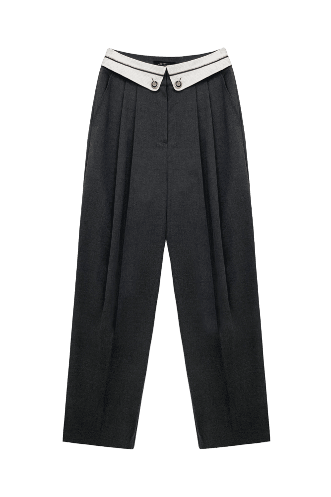 Contrast Waist Wide-Leg Pants (Charcoal)