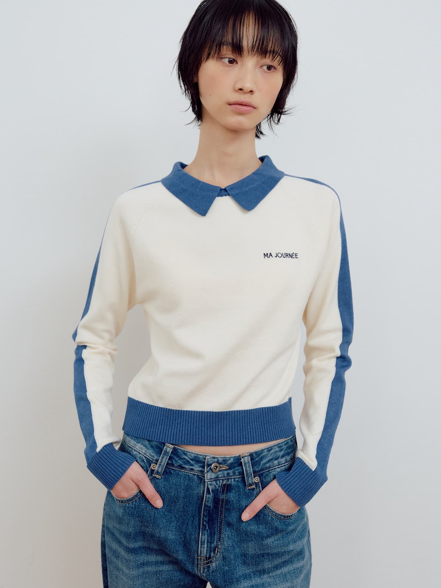 PIQUE RAGLAN KNIT_CREAM/NAVY