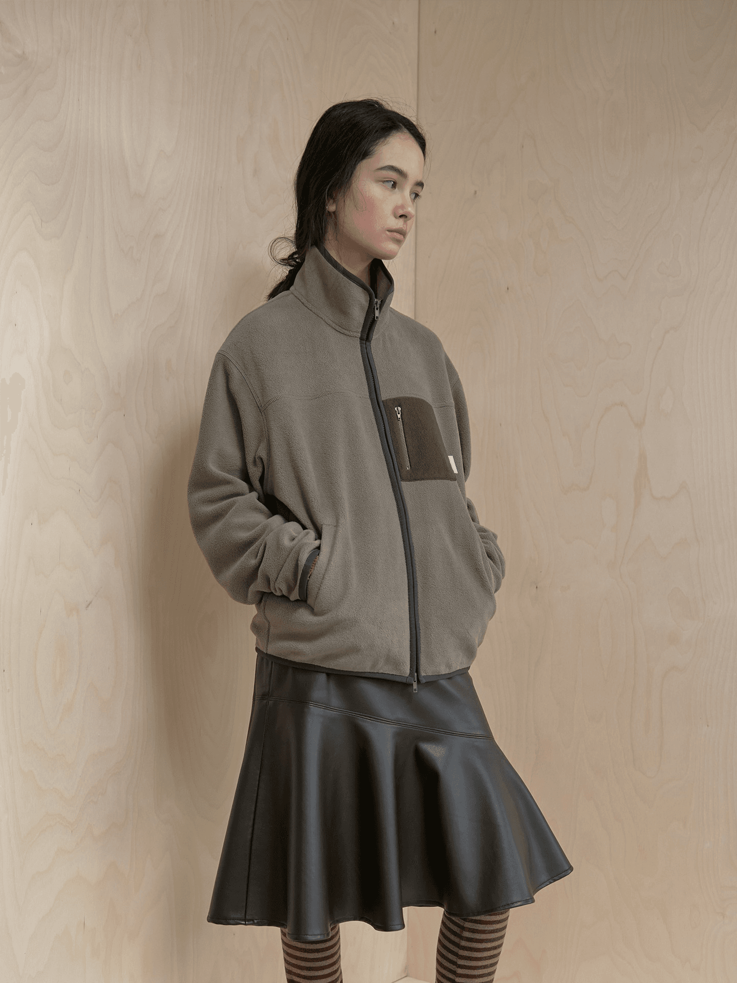 COLOR BLOCK FLEECE ZIP-UP_COCOA