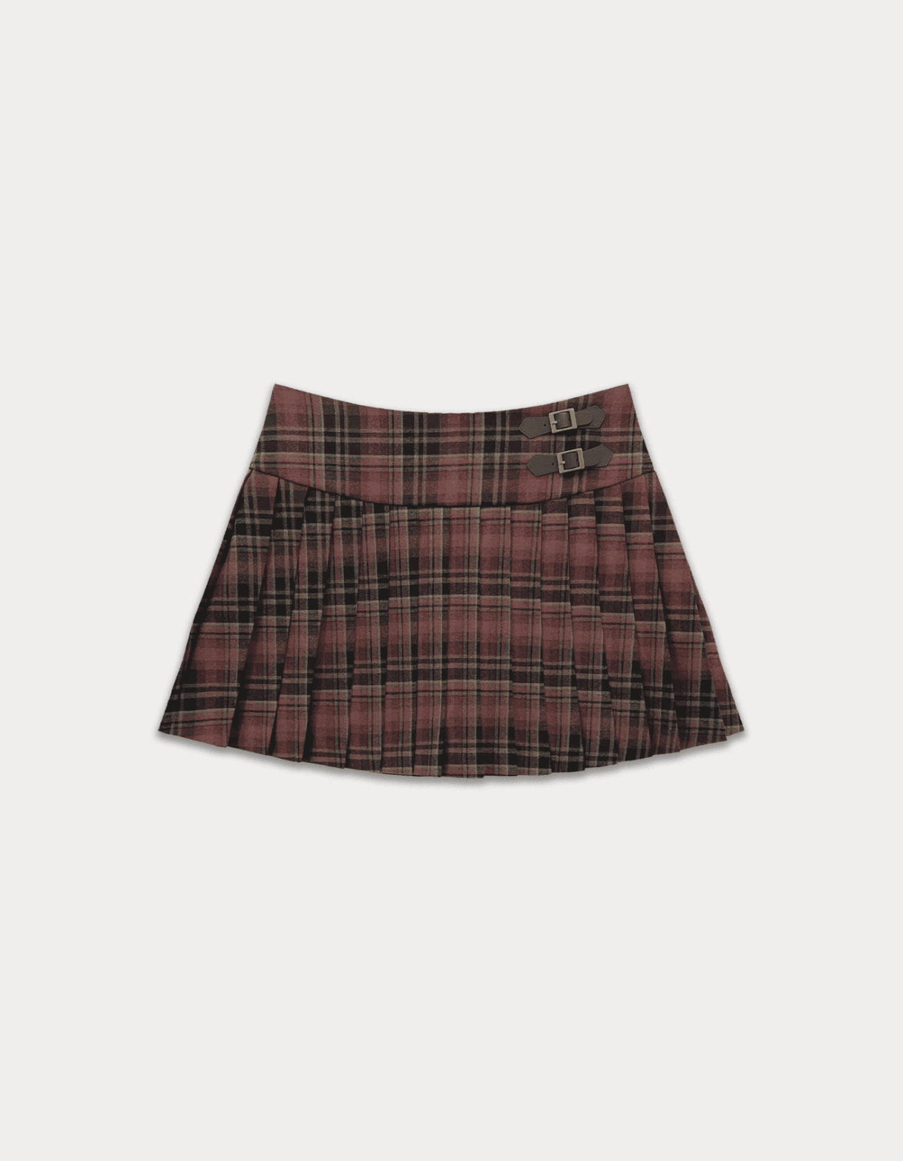Buckle Check Pleats Mini Skirt - Red