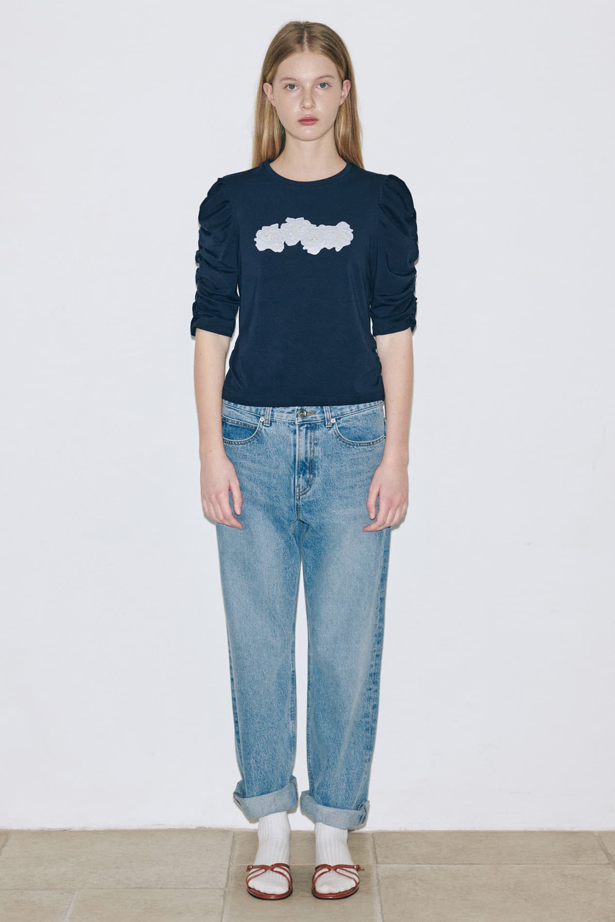 Soft Shirring T-Shirt (Navy)