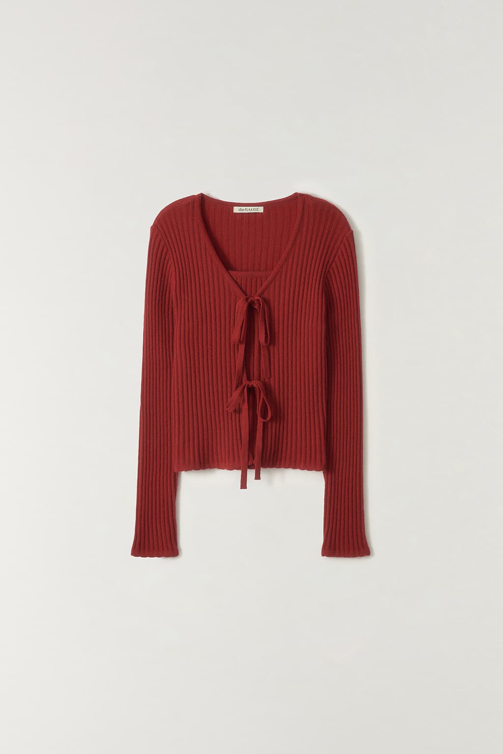 메리노울 리본 리브드 가디건 RED