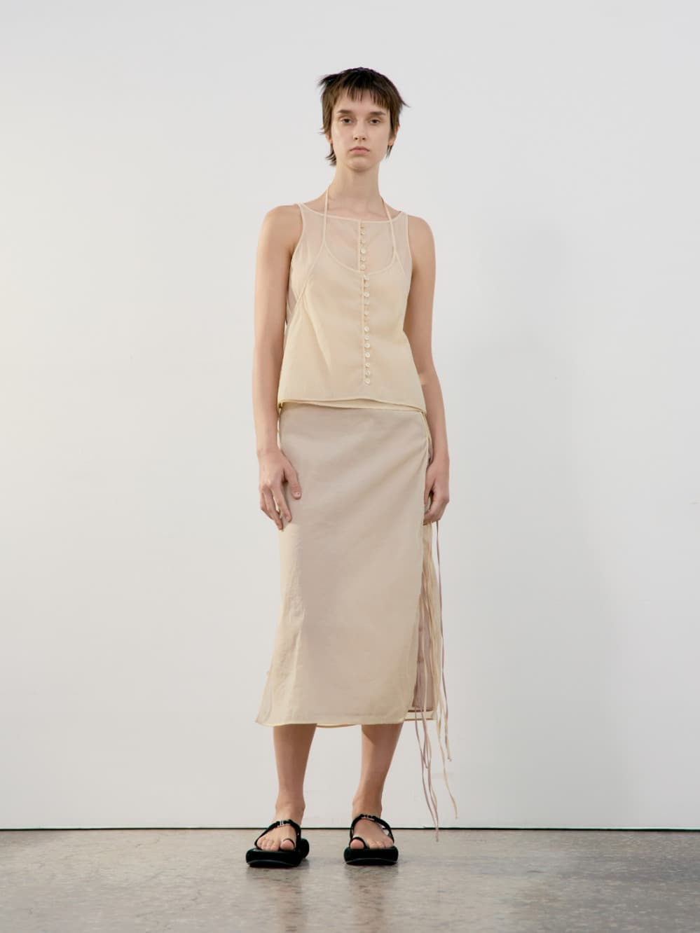 See-Through Button Loop Skirt_Beige