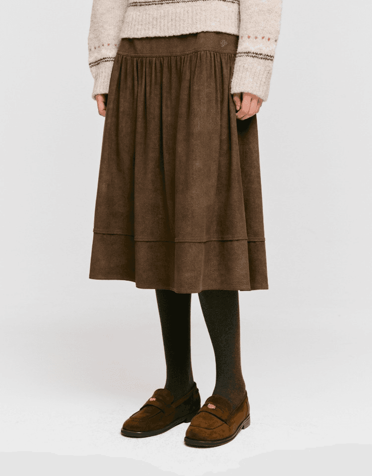 suede shirring midi skirt - brown