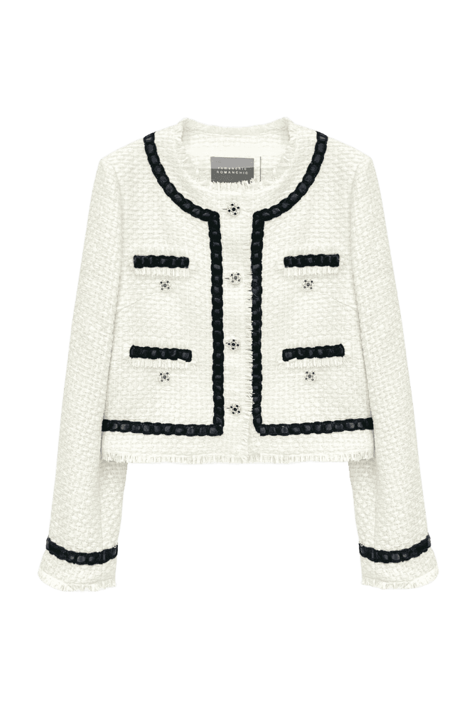 Classic Contrast Trim Tweed Jacket (Ivory)
