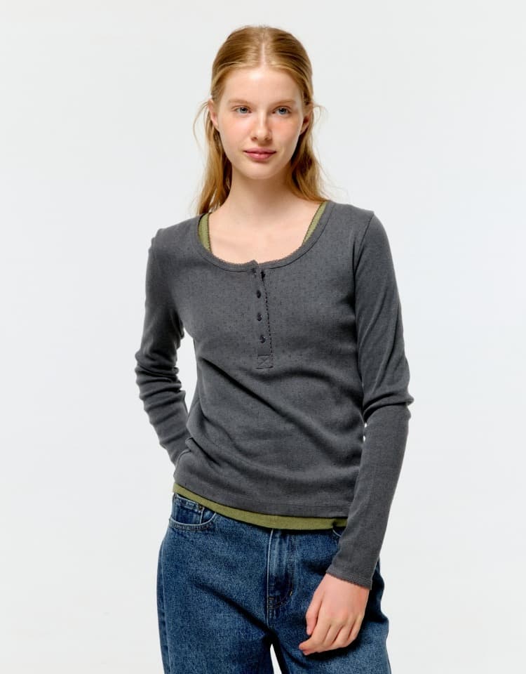 pigment eyelet henley neck t-shirt - charcoal
