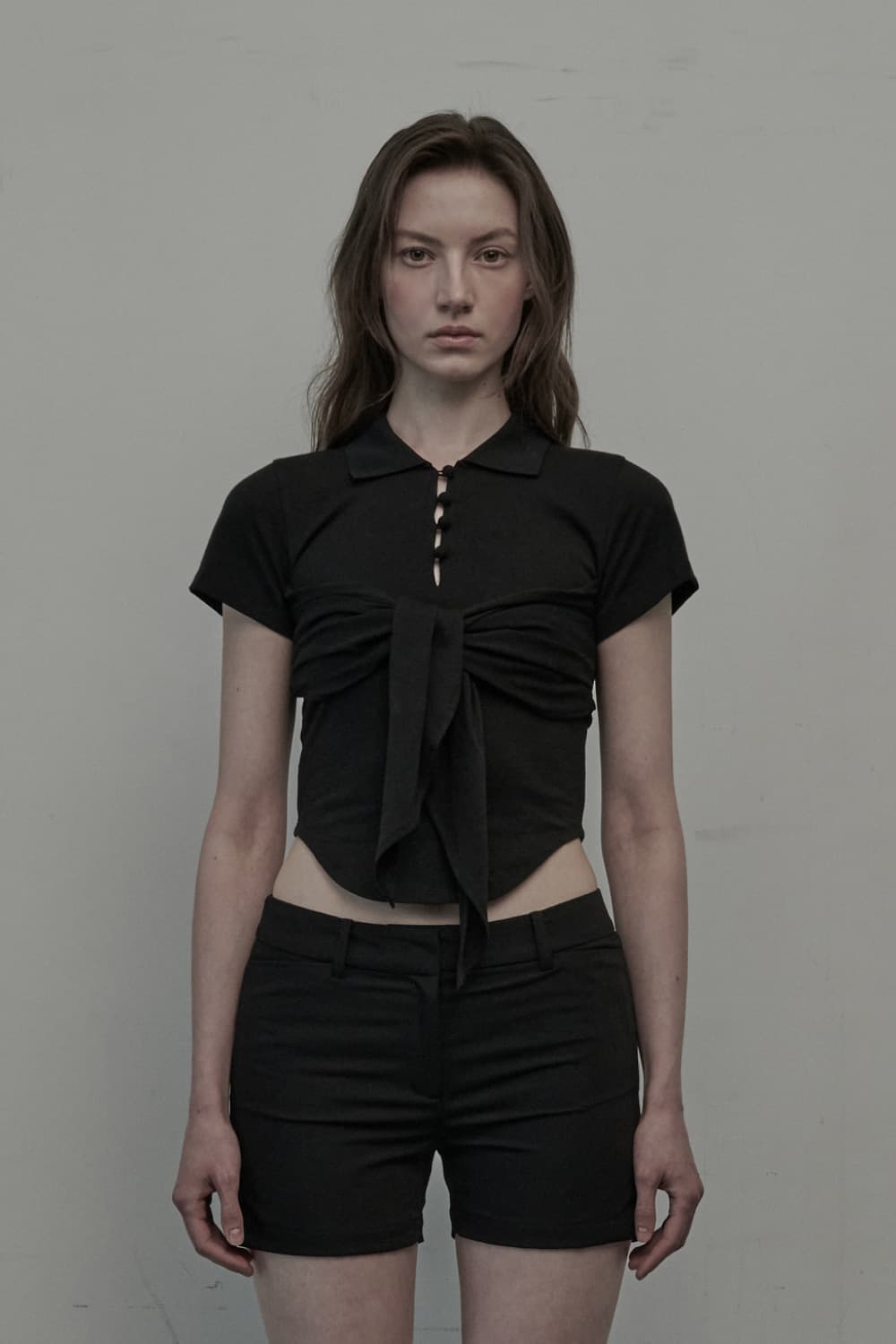 Button Ribbon Collared T-Shirt - Black