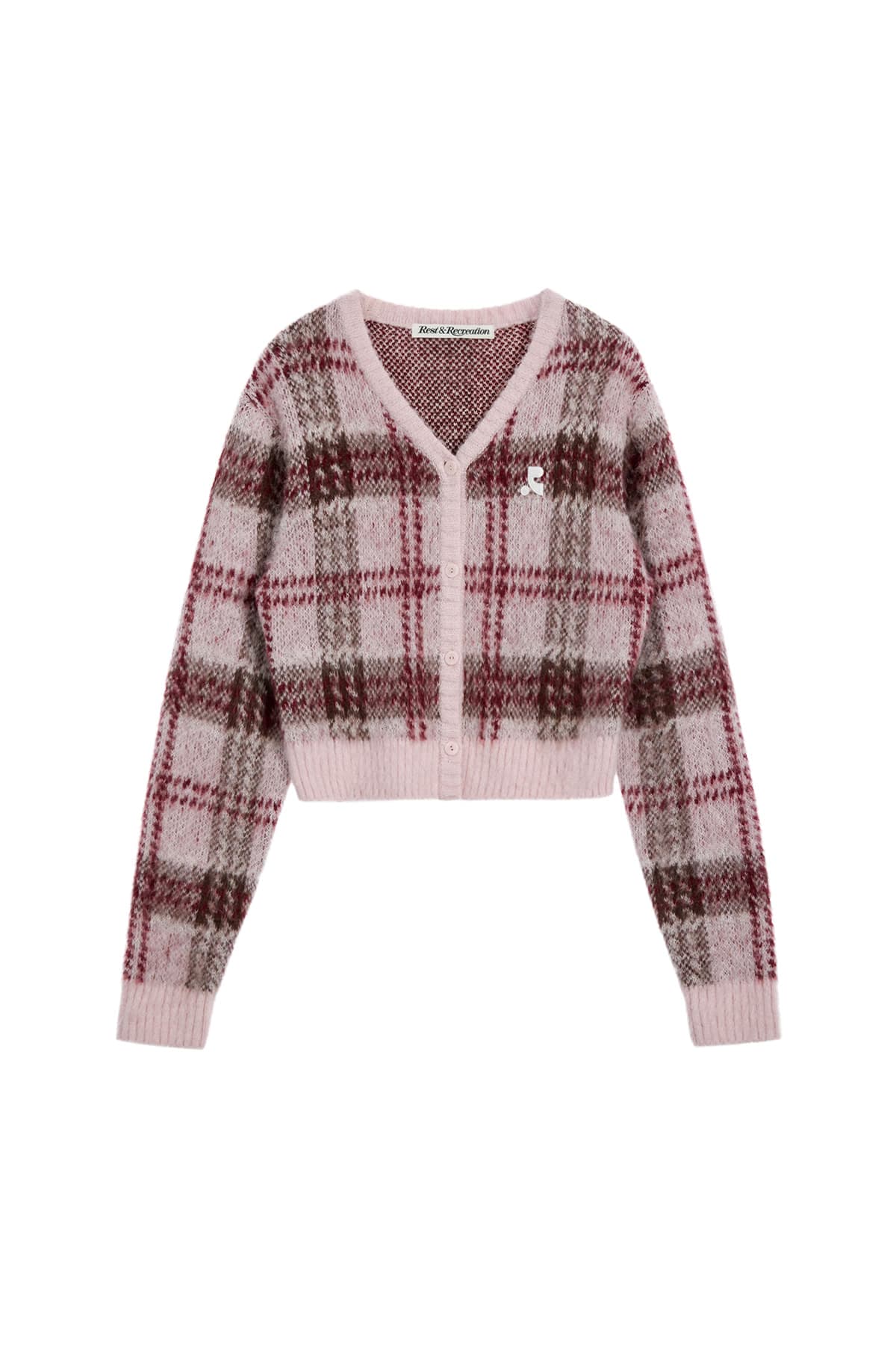 CHECK PATTERN HAIRY KNIT CARDIGAN - PINK