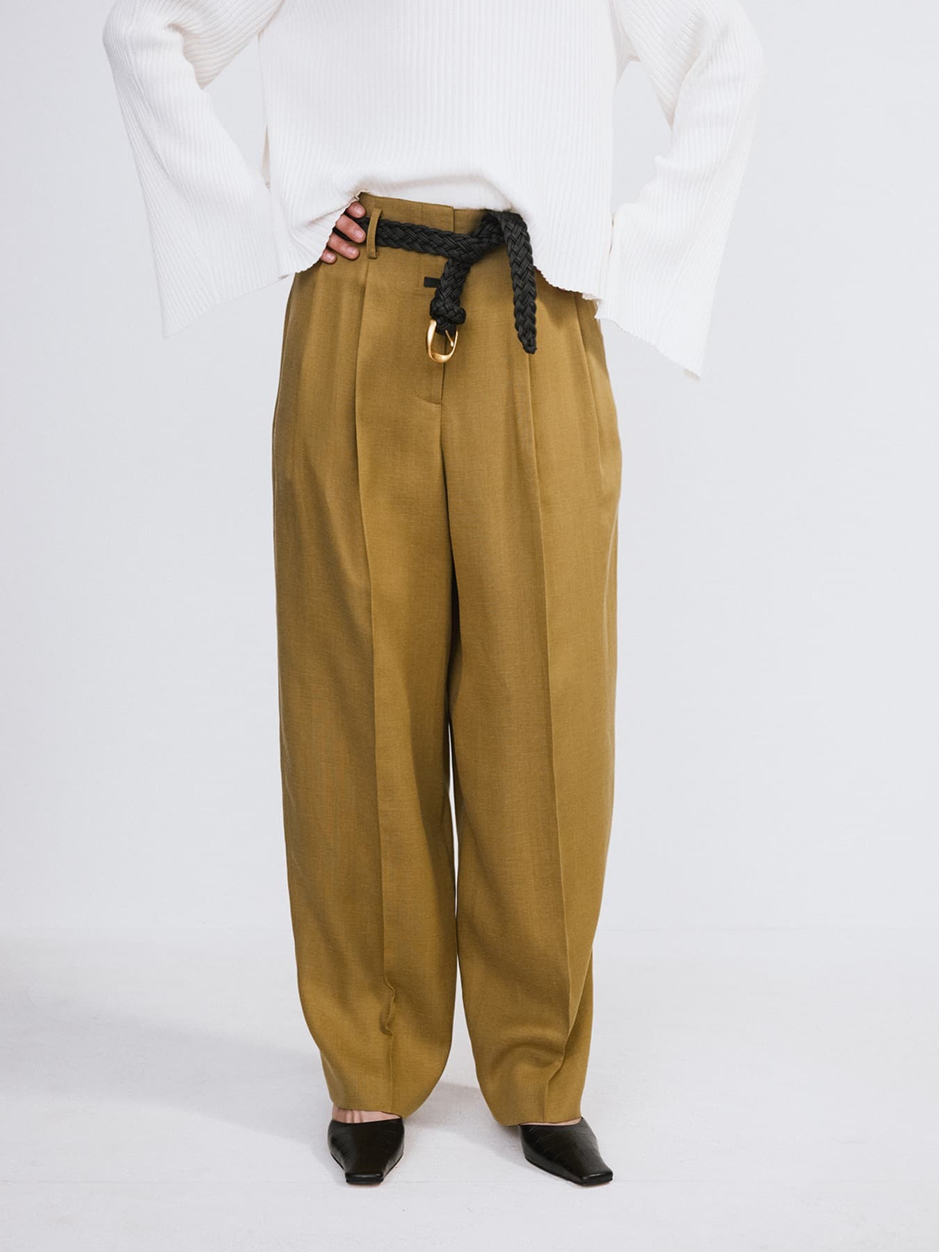 LINEN BLEND PLEATED PANTS (BEIGE KHAKI)