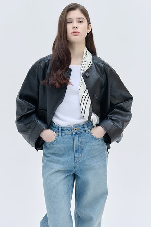 25SN collarless leather crop jacket [BK]