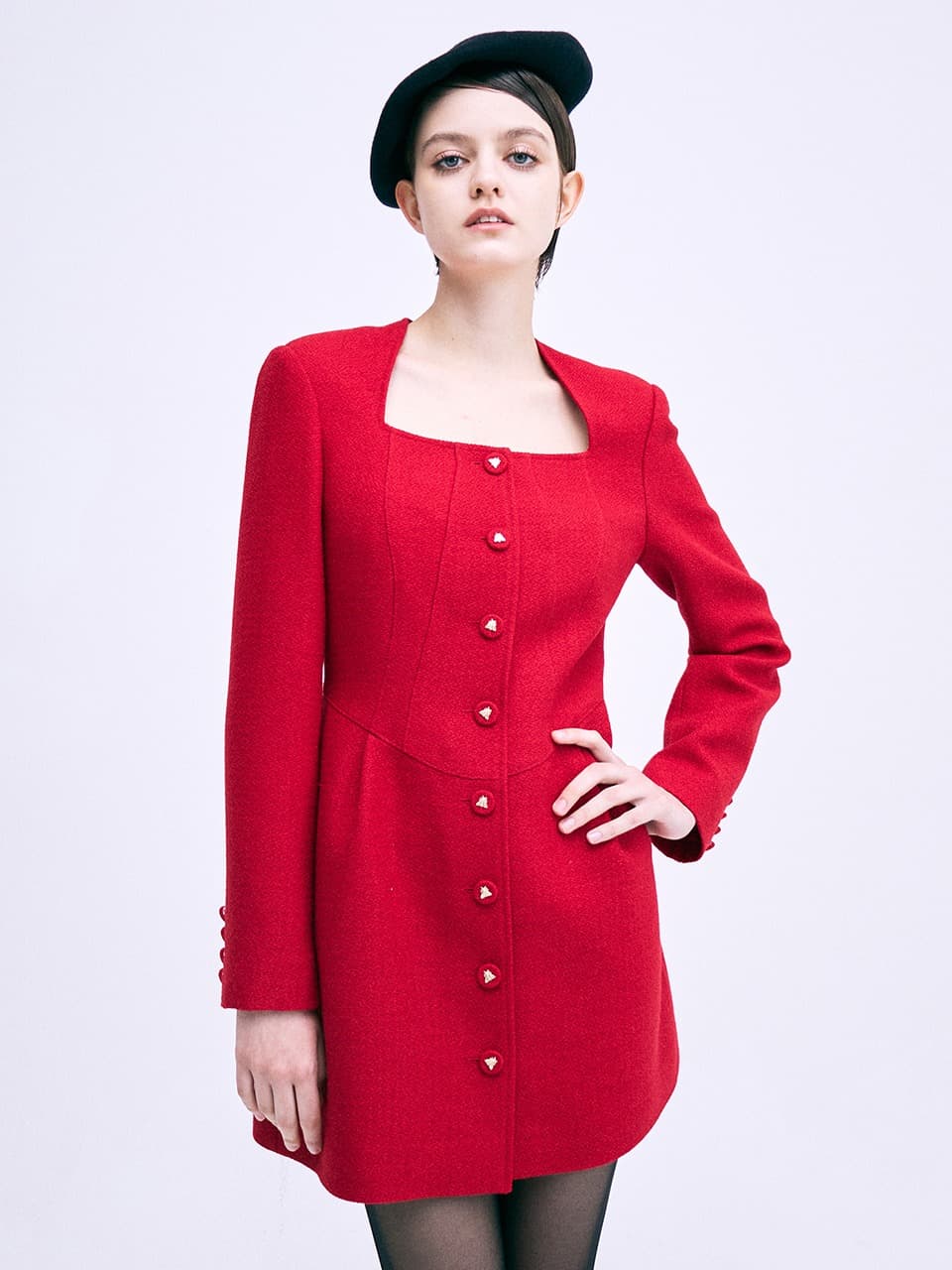 TWEED MINI DRESS SQUARE NECK_RED
