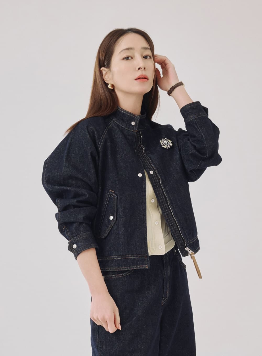 (W) Nonefade Denim Harrington Jacket - Indigo