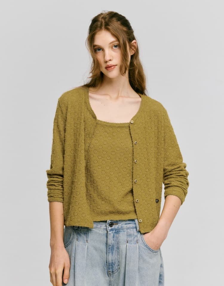 lace sleeveless cardigan set - olive