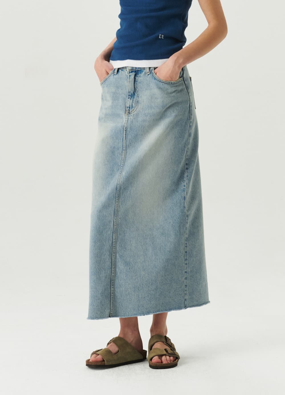 Rear-Slit Denim Long Skirt - Light Blue