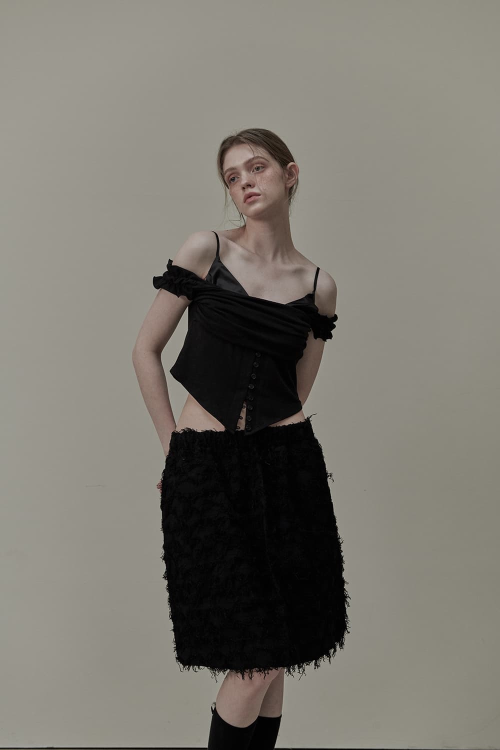 Ivy Layered Off Shoulder Button T-Shirt - Black