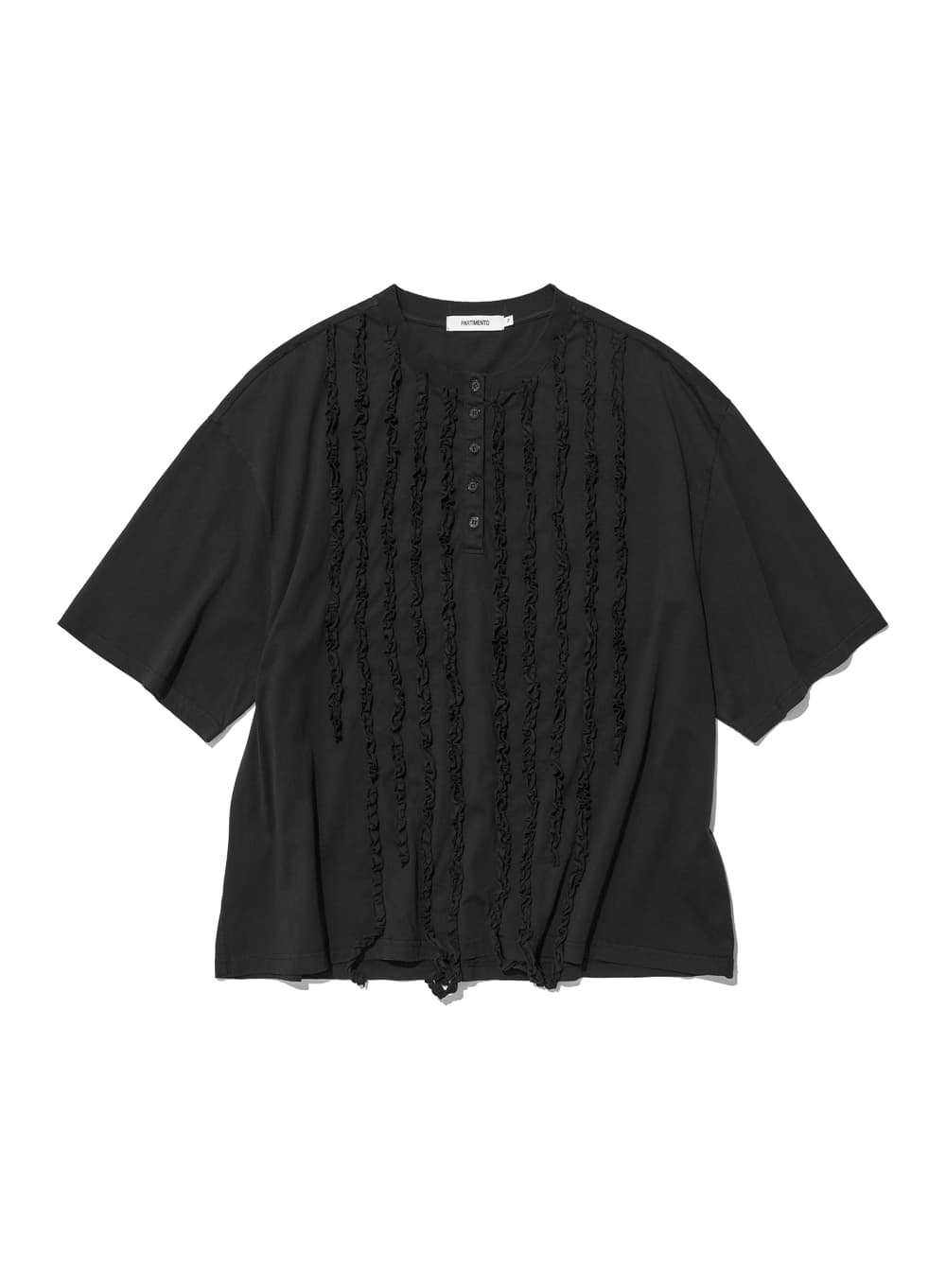 FRILL TRIM HENLEY NECK TEE_BLACK