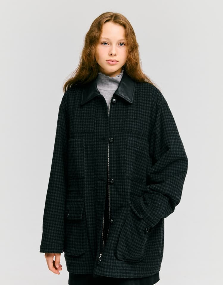 wool check padded work jacket - charcoal