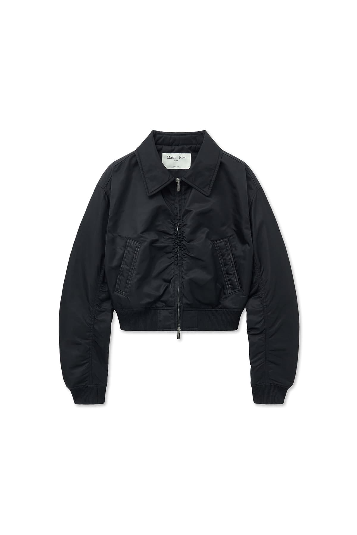 APPLIQUE LOGO SHIRRING BOMBER JUMPER FOR WOMEN IN BLACK