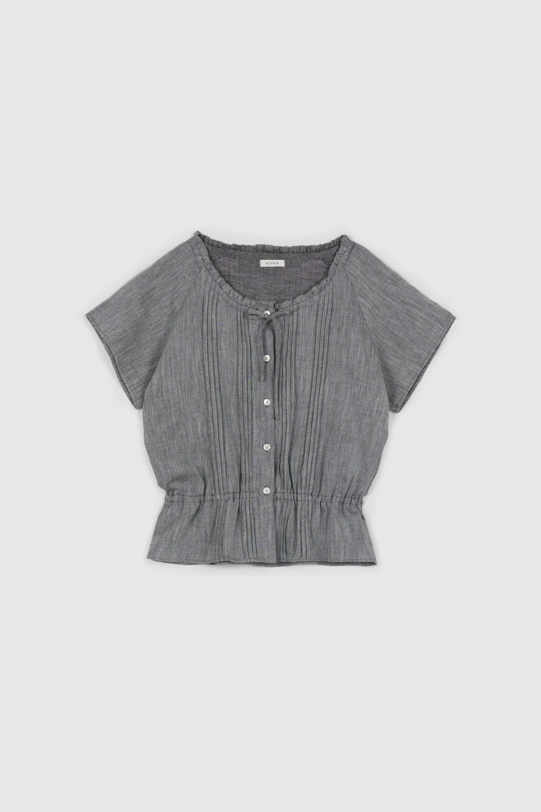 Pure Linen Tuck Half Blouse (Black)