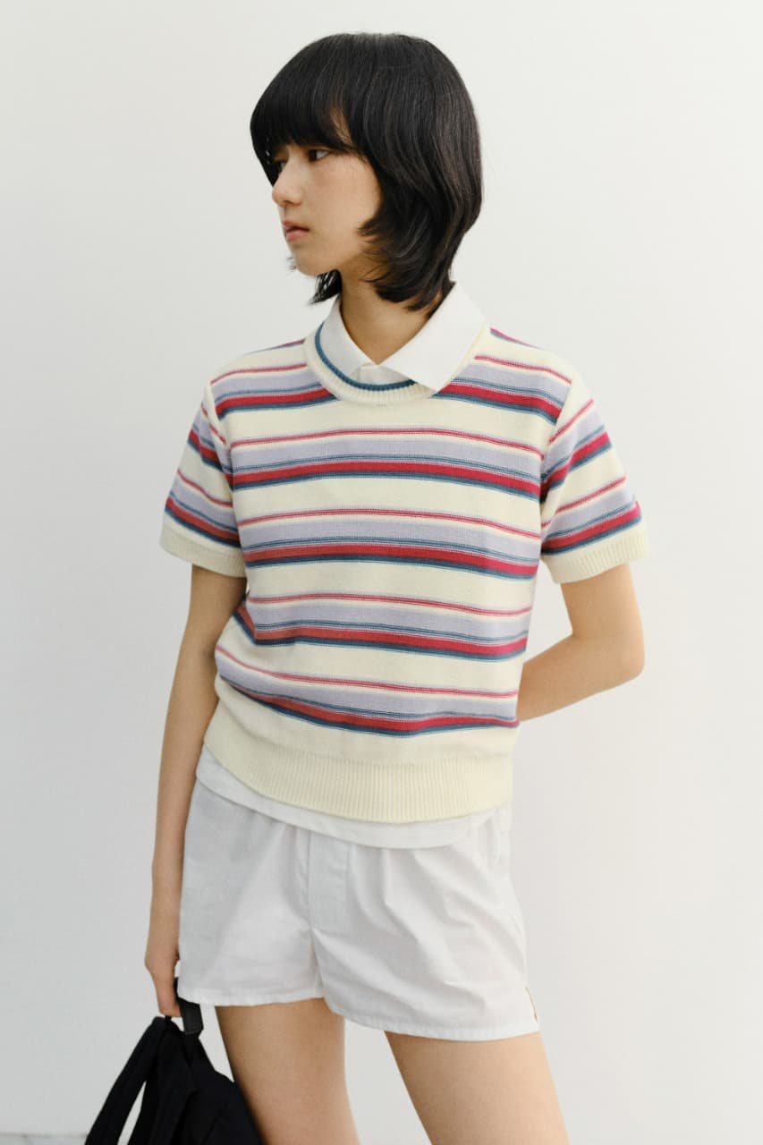 UNISEX STRIPED CREWNECK KNIT CREAM RED_UDSW6B129R2